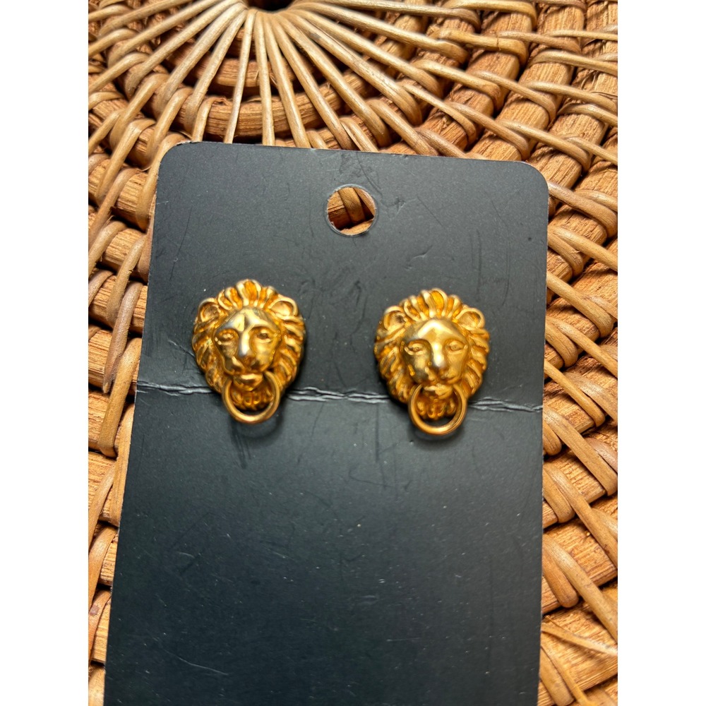 Vintage Gold Tone Lion Head Door Knocker Stud Earrings Movable Ring Details